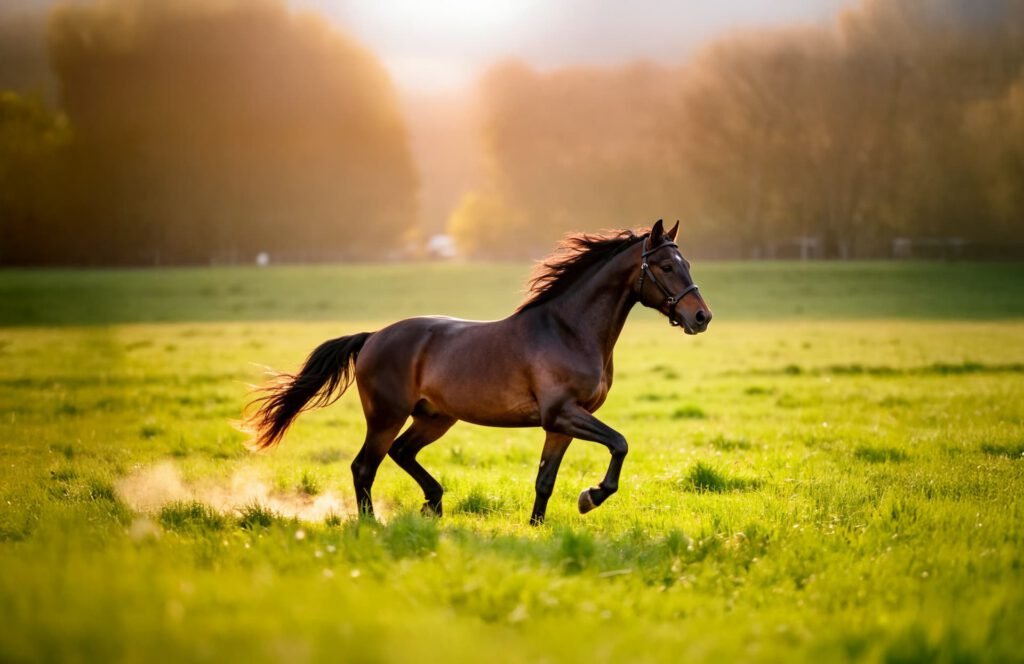 A beautiful dark brown horse galloping through a lush green field at sunset
